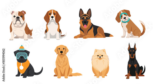 Set of eight different popular dog breeds including a German Shepherd, Beagle, and Golden Retriever, in a charming cartoon style.