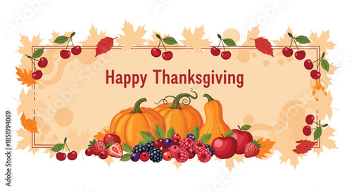 Happy Thanksgiving greeting card with a harvest of pumpkins, berries, apples, and cherries, framed by autumn leaves and branches.