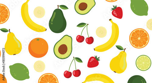 Colorful seamless pattern of assorted fresh fruits including avocado, banana, orange, and cherry, illustrated on a clean white background.