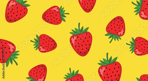 Vibrant and cheerful seamless pattern featuring cute cartoon strawberries with green leaves scattered across a bright yellow background.