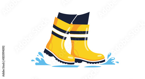 Cheerful illustration of bright yellow rain boots with black soles and stripes, splashing in a blue puddle on a rainy day.