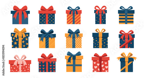 Colorful collection of fifteen beautifully wrapped gift boxes and presents with festive bows and patterns for any celebration.