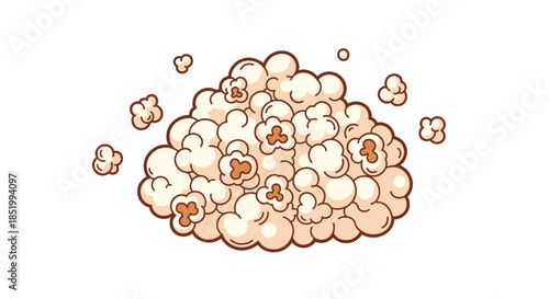 Fun and tasty cartoon illustration of a fluffy pile of fresh popped popcorn, a classic movie night snack, on a white background.