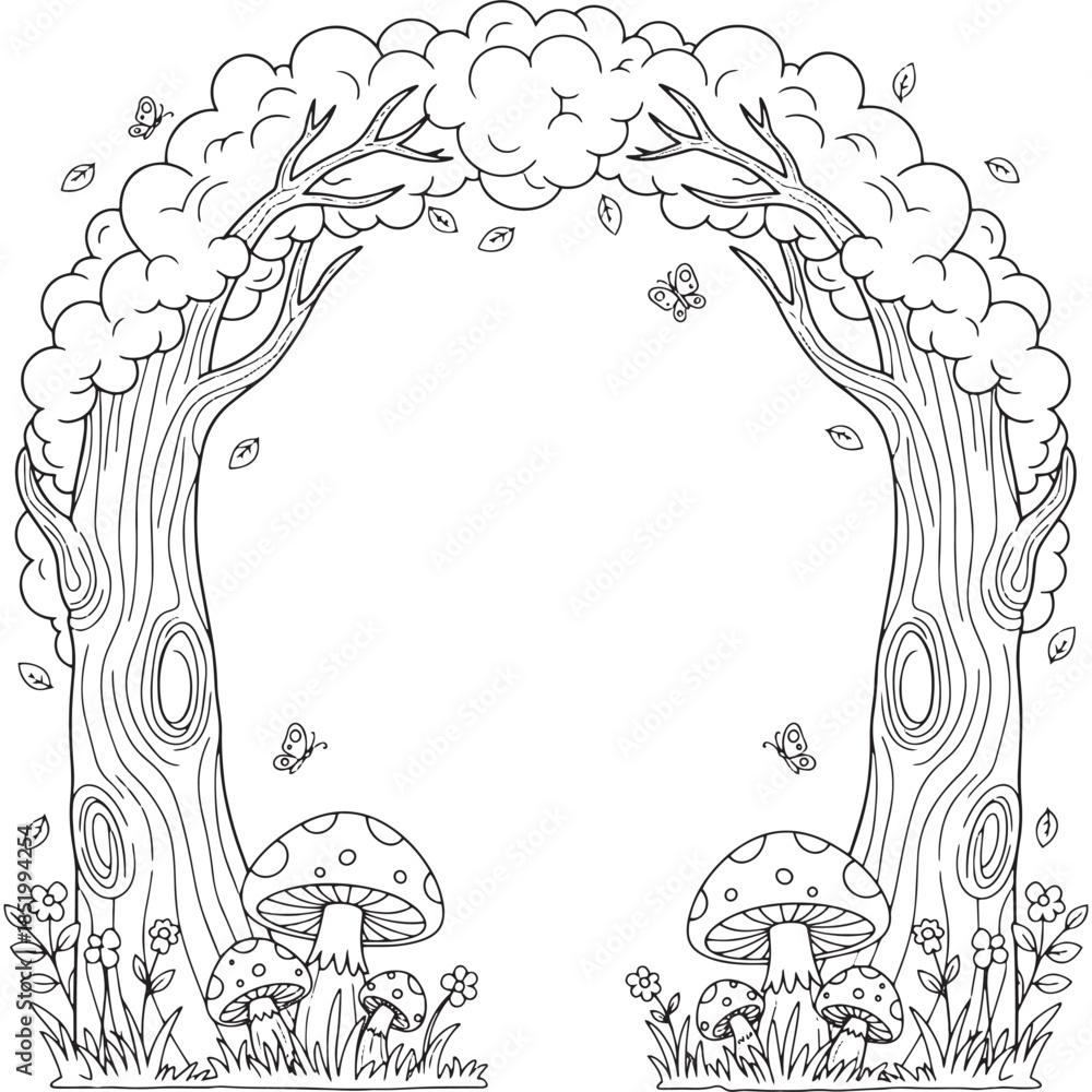 Obraz premium Fairy Tale Forest Frame With Old Trees Mushrooms And Butterflies Black And White Line Art For Coloring Page 