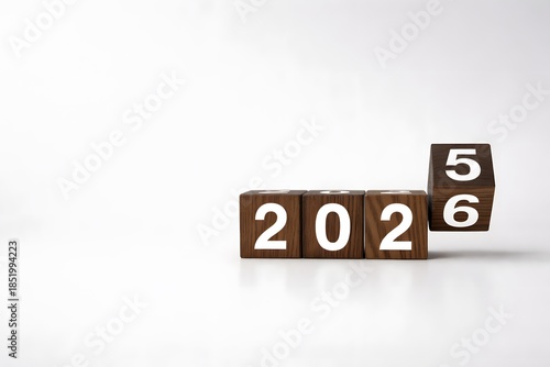 Transition of year 2025 to 2026 on wooden blocks for New Year concept