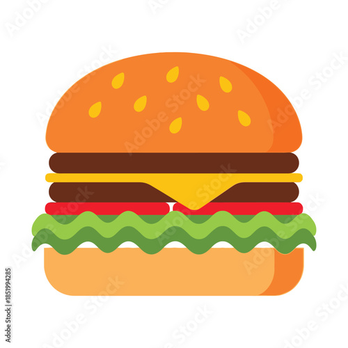 A brightly colored cartoon illustration depicts a classic cheeseburger with sesame seeds lettuce tomato and cheese high quality professional