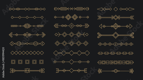 Golden art deco divider header set, gold retro artdeco border 1920s decorative ornaments, minimal elegant frames creative template design, luxury vintage line art, premium golden geometric separators