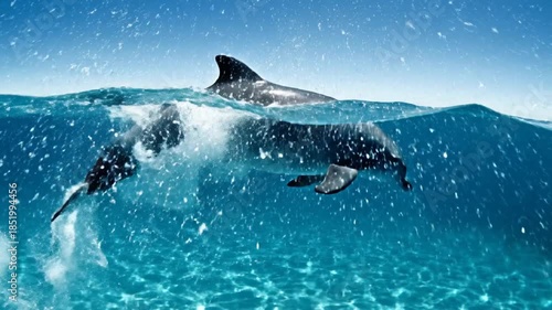Graceful Dolphin Swimming in Clear Blue Ocean Water with Split Underwater and Sky View
