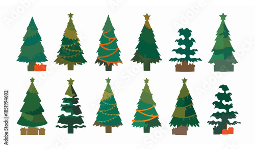 Decorated Christmas tree illustration set with lights ornaments and presents on white background