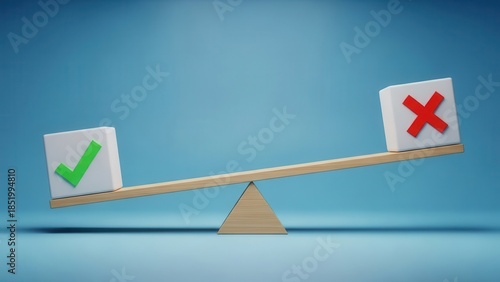 A wooden seesaw balancing a white cube with a green checkmark and another white cube with a red cross mark, on a light blue background.