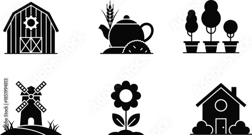 Rural farm icon set, agriculture silhouette, countryside lifestyle, gardening symbols, eco home, nature elements, black vector, minimalist design, editable