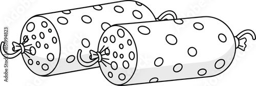 Salami sausages with dotted texture, tied ends, traditional meat product, cured food, isolated vector, culinary design, butcher shop, packaging concept, editable illustration