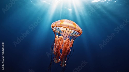 Graceful Jellyfish Drifting in Deep Blue Ocean with Sun Rays