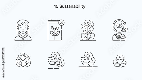 Sustainability and Ecology Green Line Icons Set on an isolated white background.