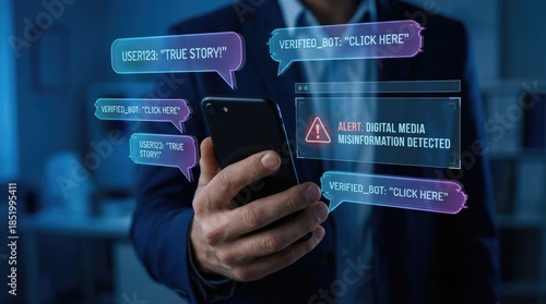 Businessman using smartphone with digital alerts for misinformation and bot activity suit mobile phone