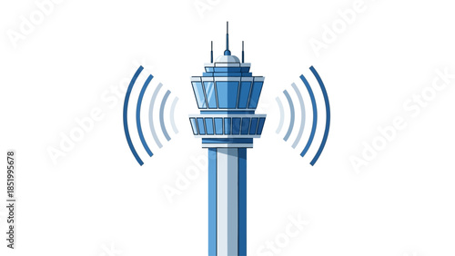 Air Traffic Control Tower Vector with Signal Waves