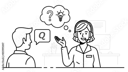 Engaged Woman Customer Service Representative Brainstorming Solutions with Thought Bubble, Isolated White Background