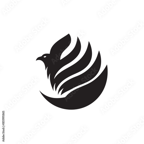 Stylized black silhouette design features a predatory bird emerging from a circular, curved base