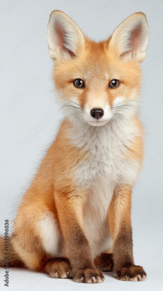 Fototapeta premium cute baby fox sitting, minimal clean background, professional lighting