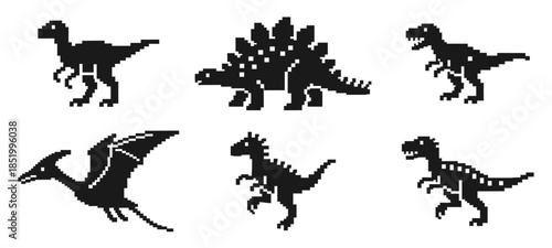 Pixel Dinosaur Silhouette Set – Retro 8-Bit Prehistoric Creatures Vector Icons