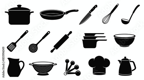 Kitchen Utensils Silhouette Icon Set Black Cooking Tools Vector Illustration