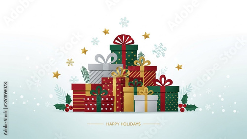 Colorful wrapped presents stacked high with ribbons and bows surrounded by festive holly