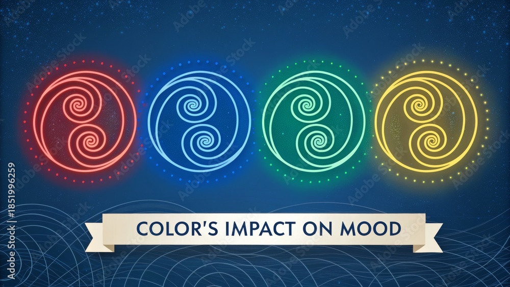Fototapeta premium Colorful neon spiral circles representing color's impact on mood