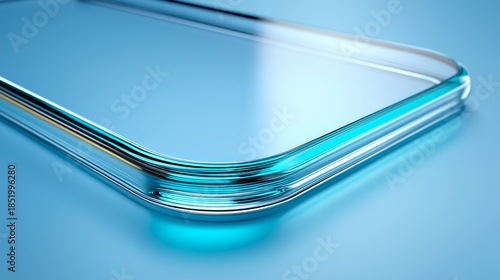 A detailed macro shot showing the curved edge of a transparent tempered glass screen protector against a blue background, highlighting modern technology and durability.