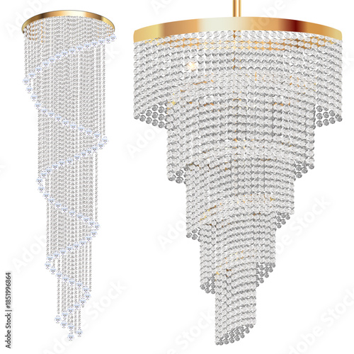 Illustration of a set of chandelier lamps fixtures with crystal pendants on a white background