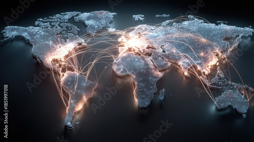 Glowing world map highlighting international digital network connections with illuminated nodes across continents on dark background