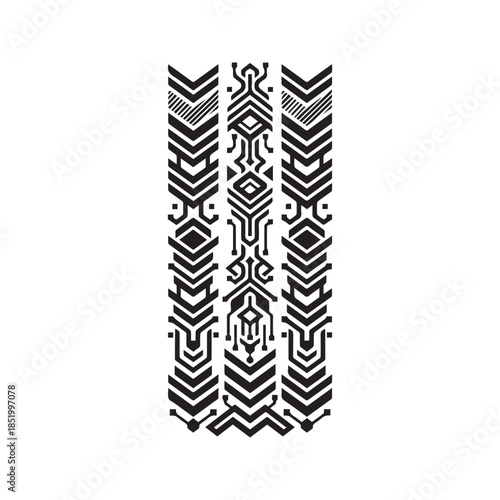 Abstract vertical black and white geometric tribal pattern with futuristic cyber lines and totem style vector illustration.
