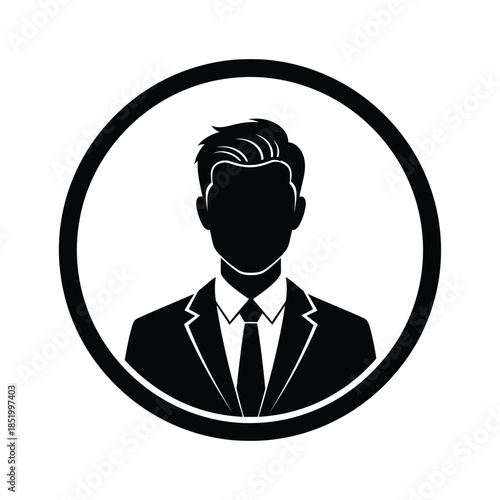 A sleek black silhouette of a man in a suit and tie within a circular frame is presented