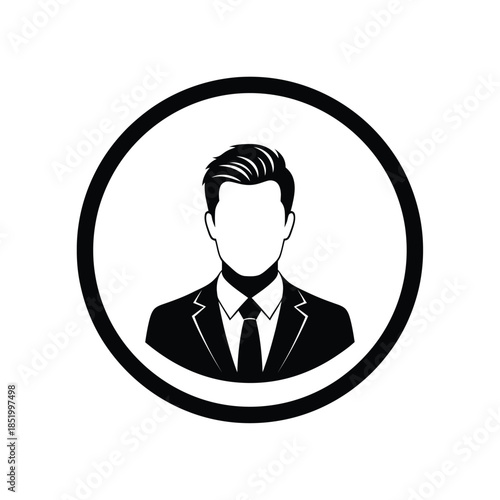 A black and white circular icon depicts a formally dressed man in a suit and tie without facial features