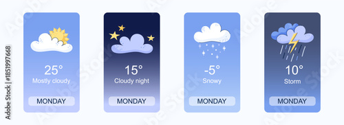 Mobile weather app interface design. Elements for weather forecast mobile app. Mostly cloudy, cloudy night, snowy and Storm. Vector illustration. Temperature, weather condition user interface generato