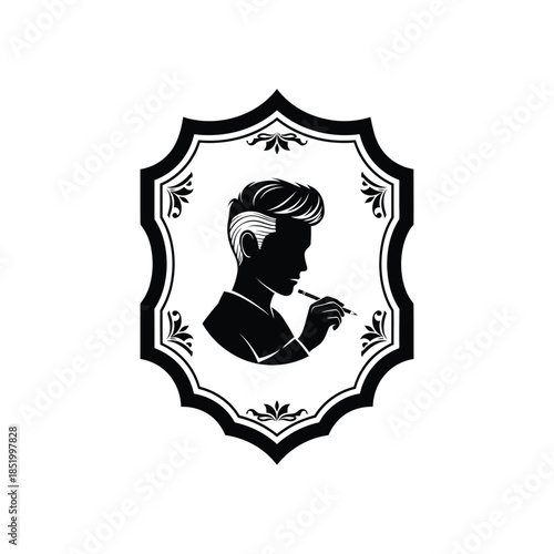 an ornate shield design showcases a silhouette of a man smoking presenting a vintage aesthetic and classic style