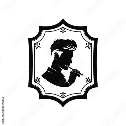 A striking black silhouette of a man with styled hair presented within an ornate decorative shield shaped frame evoking classic