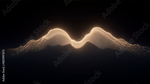 Abstract flowing wave of golden glittering particles isolated on a dark background creating a magical dust effect.