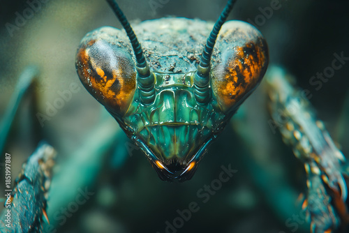 Extreme closeup of praying mantis with detailed orange eyes, front macro view of head of scary green insect predator in nature, blur background.