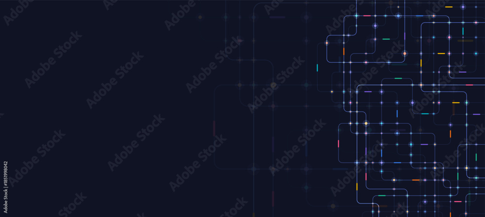 Obraz premium Futuristic circuit network background with glowing blue connection lines and nodes on dark space