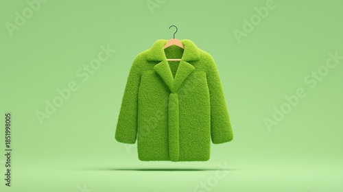 A minimalist fashion concept featuring a bright green faux fur coat hanging against a matching green monochromatic background, symbolizing sustainable or eco-friendly fashion trends.