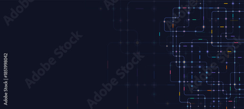 Futuristic circuit network background with glowing blue connection lines and nodes on dark space