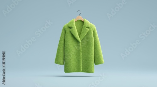 A vibrant and stylish lime green fuzzy coat displayed on a wooden hanger against a clean soft blue background, perfect for retail, boutique, or e-commerce fashion themes.