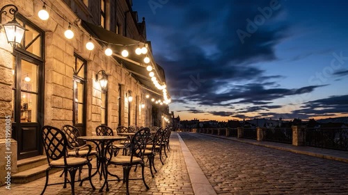 Outdoor cafe tables on a cobblestone street, lit by string lights under a vibrant sunset