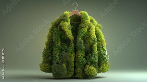 Concept illustration of a winter coat made of green moss and grass hanging on a wooden hanger isolated on a clean studio background representing eco fashion.