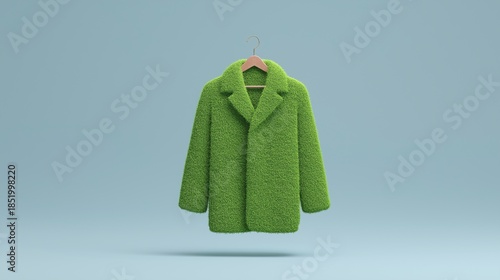 A heavy and luxurious oversized green fur jacket hanging against a muted grey-blue background, emphasizing warmth, comfort, and premium winter outerwear fashion.