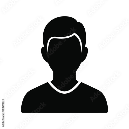 A simple black silhouette of a human head and shoulders featuring a short haircut and minimal detail is displayed