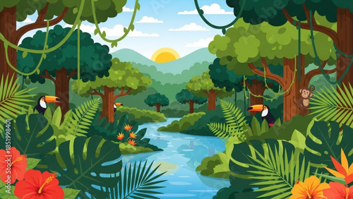 Vibrant tropical jungle scene with river, colorful flowers, toucans, and monkey amidst lush