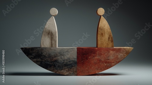 Minimalist 3D render of two stylized wooden figures sitting in a curved boat shape, representing balance, partnership, and duality.
