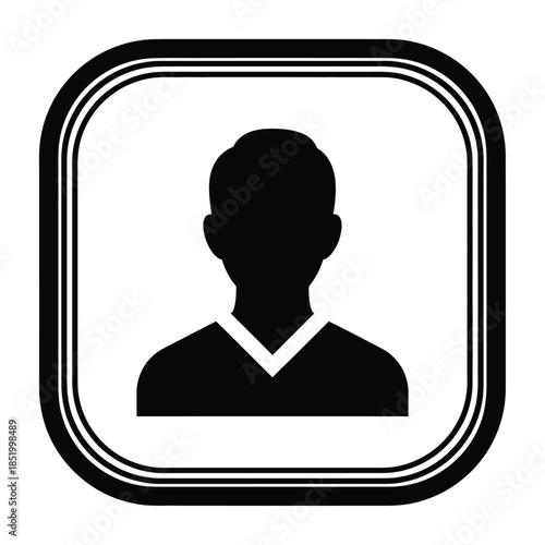 A simple black silhouette of a person s head and shoulders is displayed within a thick rounded square frame
