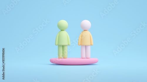 Two colorful 3D human figures standing together on a pink platform against a solid blue background. A concept of equality, teamwork, or friendship.